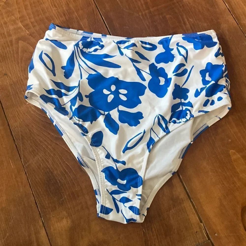 High waisted blue and white bikini bottoms